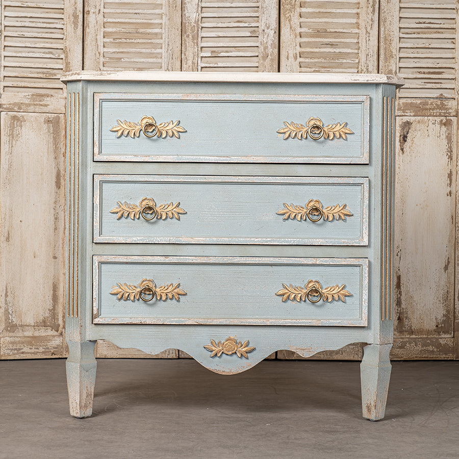 English Elm 24QJ0078 Distressed Light Blue Wood & Metal Cabinet with Two Drawers, Cream Top, Gold Accents, 37.4"L x 18.3"W x 37.8"H W2946P243868