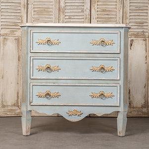 English Elm 24QJ0078 Distressed Light Blue Wood & Metal Cabinet with Two Drawers, Cream Top, Gold Accents, 37.4"L x 18.3"W x 37.8"H W2946P243868