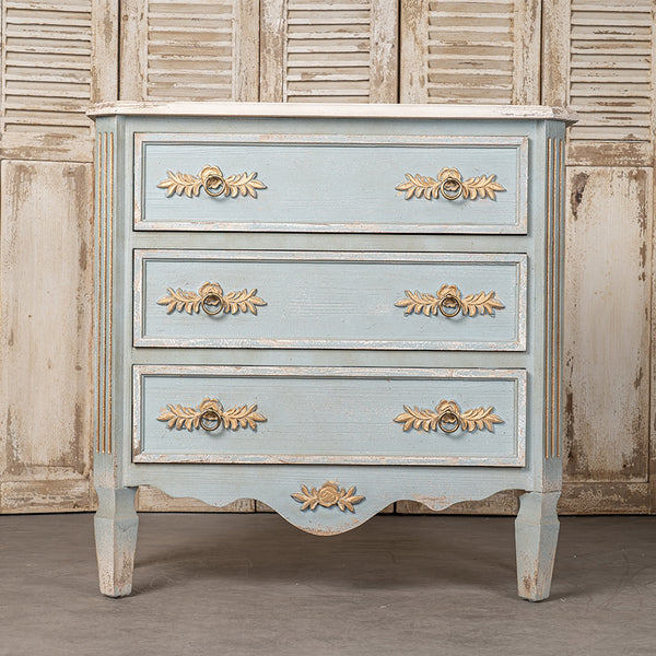 English Elm 24QJ0078 Distressed Light Blue Wood & Metal Cabinet with Two Drawers, Cream Top, Gold Accents, 37.4"L x 18.3"W x 37.8"H W2946P243868