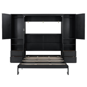 English Elm Queen Murphy Fold Down Wall Bed with Wardrobe Drawers and Shelves for Guest Rooms LP000909AAB