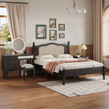 3-Piece Bedroom Set: Full Size Bed Frame, Vintage Nightstand & Makeup Vanity Set with Stool, Black