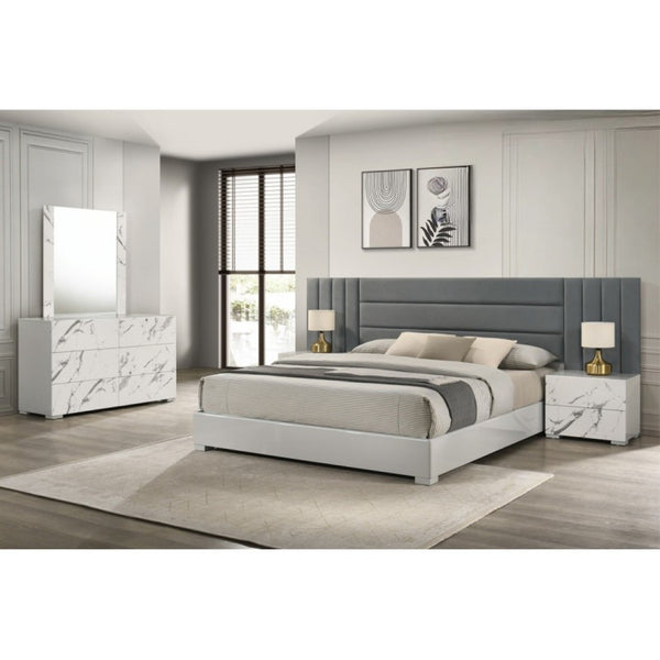 English Elm White/gray Lacquer Two Drawer Nightstand Marble Laminate Gloss Bedside Storage B011P496277