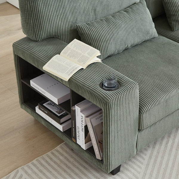 English Elm 102.75*102.75" L-Shaped Modular Sectional Sofa with Corduroy Upholstery, Storage Arm, Cup Holder, 5-Seat Convertible Lounge Green W1926S00054