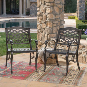 English Elm Phoenix Cast Aluminum Outdoor Dining Arm Chairs Ornate Lattice Scroll Garden Patio Set Copper N776P381164C