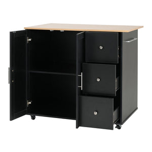 English Elm Mobile Rolling Kitchen Island with 3 Drawers Matte Black Cabinet and Natural Wood Top N779P373196B