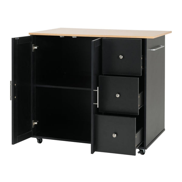 English Elm Mobile Rolling Kitchen Island with 3 Drawers Matte Black Cabinet and Natural Wood Top N779P373196B