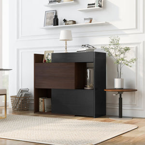 English Elm 32.5''-58.8''W Expandable Rotating Storage Cabinet with Drawer & Flip Doors, Modern Black Walnut Elegance N845P261744D