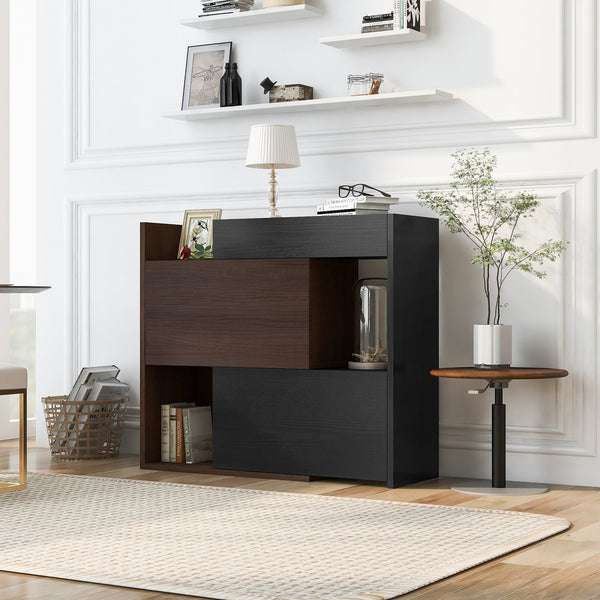 English Elm 32.5''-58.8''W Expandable Rotating Storage Cabinet with Drawer & Flip Doors, Modern Black Walnut Elegance N845P261744D