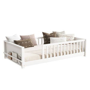 English Elm Twin Floor Platform Bed With Built-In Book Rack, Safe Low Profile Design For Cozy Kids' Rooms! W504P345765-GIGA