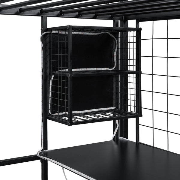 English Elm Full Full Size Metal Loft Bed with Built-In Desk, Wardrobe & Stair Storage, LED Lights, Space-Saving Black GX000663AAB
