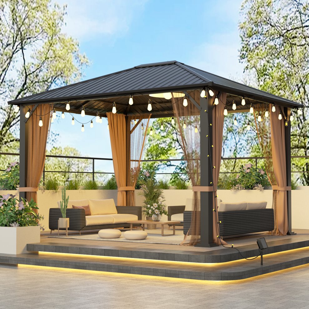 English Elm 10x12 Hardtop Metal Gazebo - Vented Roof Pergola with Waterproof UV Fabric, Galvanized Frame, Mosquito Netting W2259S00002