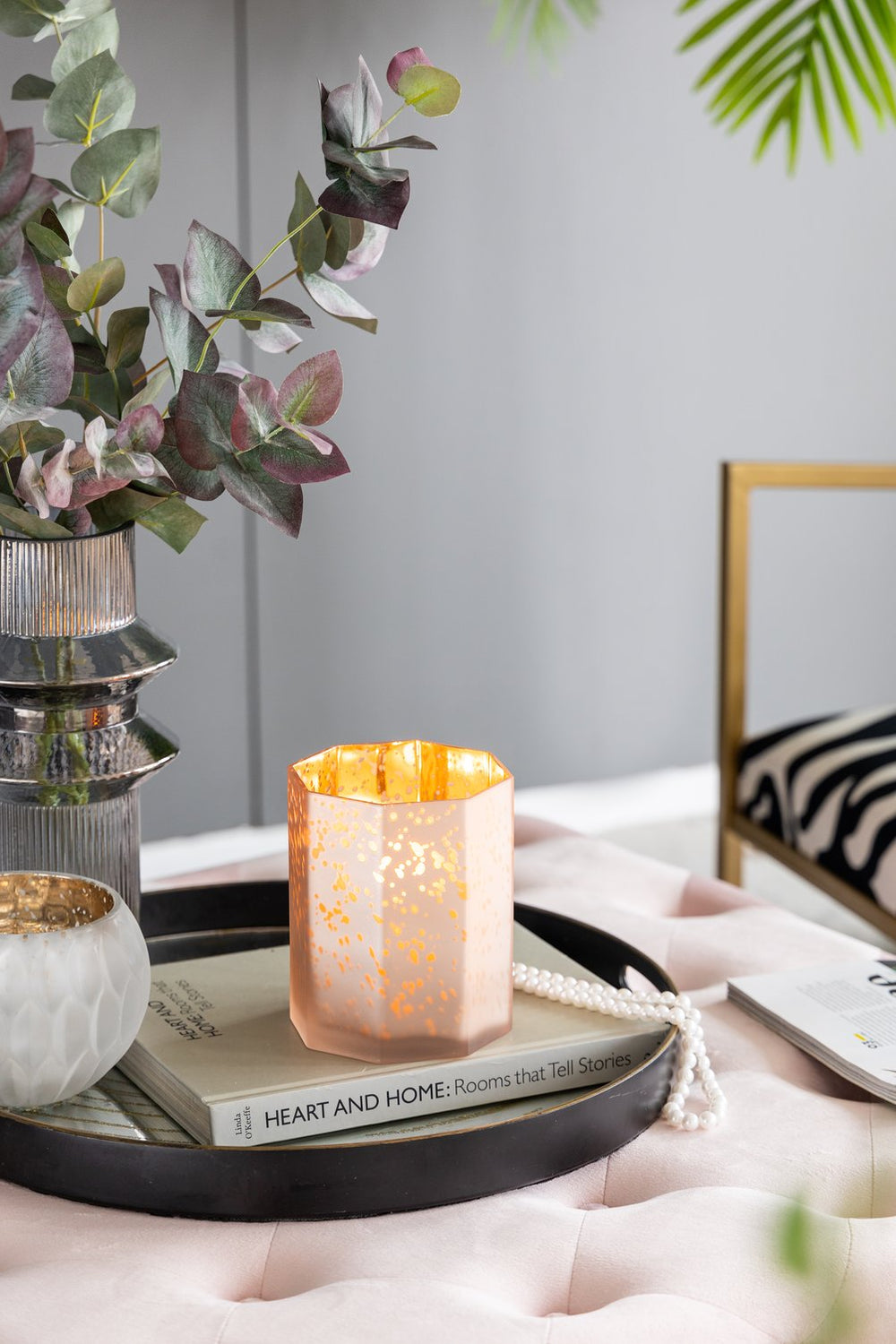 English Elm 5.1x5.1x5.9" Frosted Mercury Glass Octagonal Candle Holder with Modern Cylinder Silhouette for Decor Pink W2078P390738