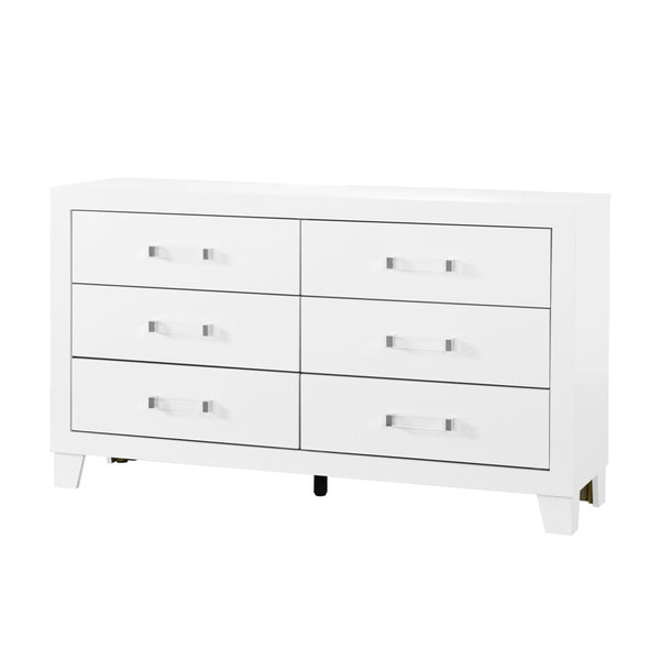 English Elm OMODA Sleek Five-Drawer Chest in Solid Wood and MDF with Modern Acrylic Hardware, Contemporary Appeal White 61.81 L x 19.49 W x 33.07 H B201P226202
