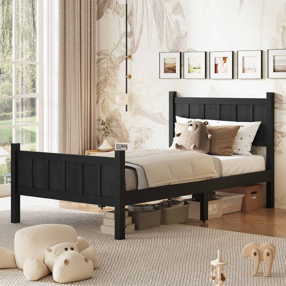 English Elm Twin Platform Bed Vertical Slat Headboard Farmhouse Shaker Wood Grain Finish Bedroom Black N733P422478E