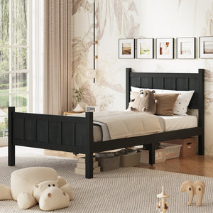 English Elm Twin Platform Bed Vertical Slat Headboard Farmhouse Shaker Wood Grain Finish Bedroom Black N733P422478E