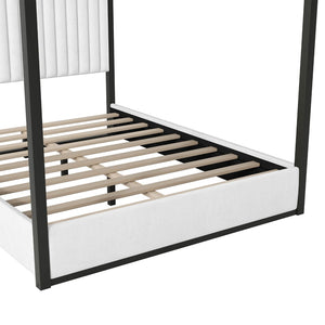 English Elm Queen Velvet Upholstered Canopy Bed White Metal 4 Poster Frame No Box Spring GX001031AAB