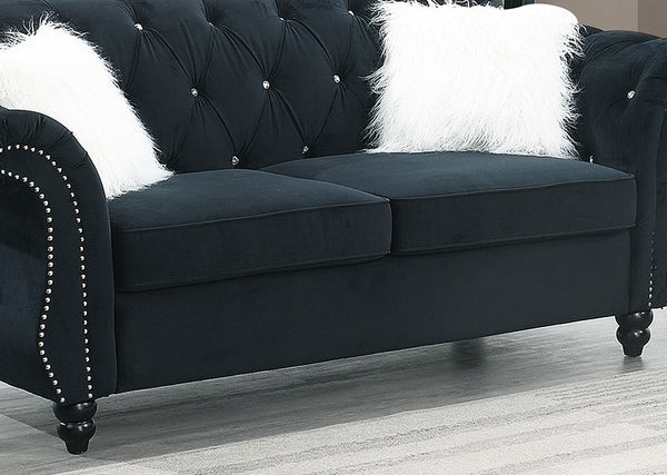 English Elm Black Velvet 3Pc Sofa Set - Luxurious Upholstered Furniture With Crystal Tufting & Nailhead Trim B011S01701