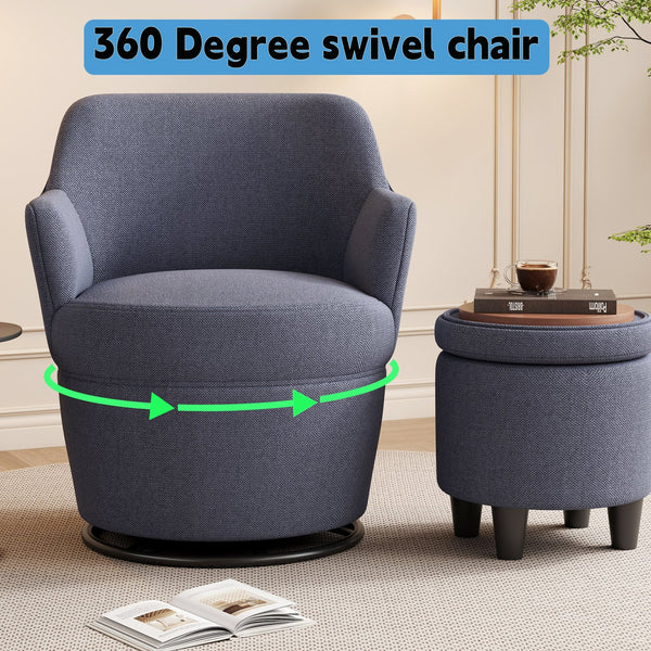 English Elm 360°Swivel Plush Accent Chair with Ottoman, Nail Trim, Storage Tray, Sturdy Metal Base, Cozy Seat Blue W2113P237039