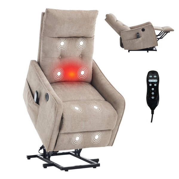 English Elm Beige Chenille Power Lift Recliner with Massage Heat and Usb for Senior Comfort Khaki W1803P364115