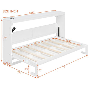 English Elm Twin-size Murphy Wall Bed with Led Lighting Usb Outlet and Decorative Printed Panel White LP000355AAK
