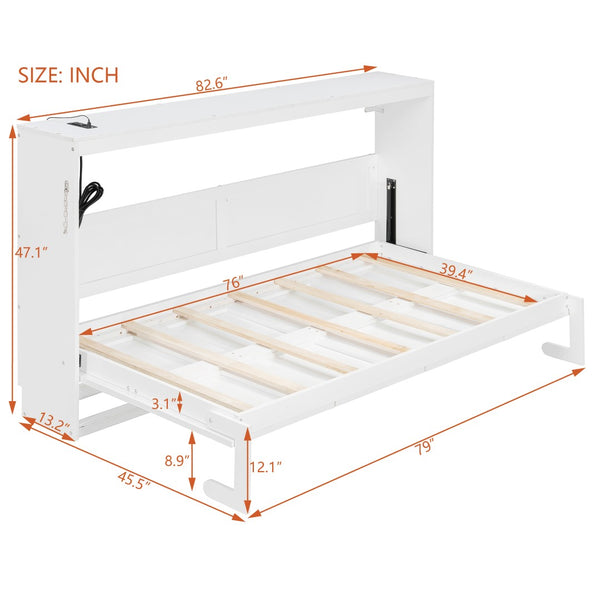 English Elm Twin-size Murphy Wall Bed with Led Lighting Usb Outlet and Decorative Printed Panel White LP000355AAK