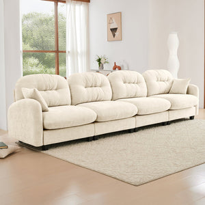 English Elm Four-Seater Modular Sectional Sofa in Beige Chenille, Tufted Back, High-Density Foam, Customizable Layout W714S01371