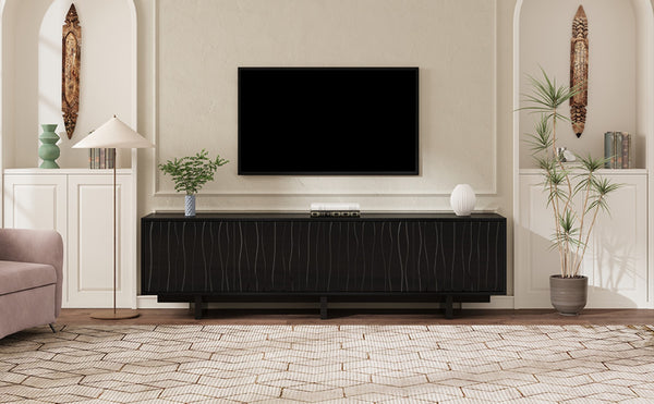 English Elm Retro Wood Grain Media Console Wavy Door Cabinet for Living Room Tvs 75 In N721P379534B