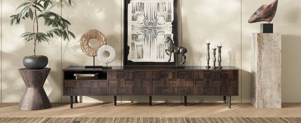 English Elm 78 Mid Century Modern TV Stand for 65–85" TVs with 3 Soft-Close Cabinets, Deep Drawer & Open Shelf (Walnut) N710P293264Q