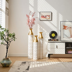 English Elm Floor White Metal Vases Set of 3 — Tall Glazed Cylinder Decor with Hammered Gold Trim, 24/28.7/33.5in W2796P193943