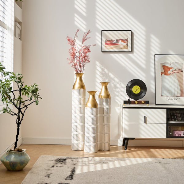 English Elm Floor White Metal Vases Set of 3 — Tall Glazed Cylinder Decor with Hammered Gold Trim, 24/28.7/33.5in W2796P193943