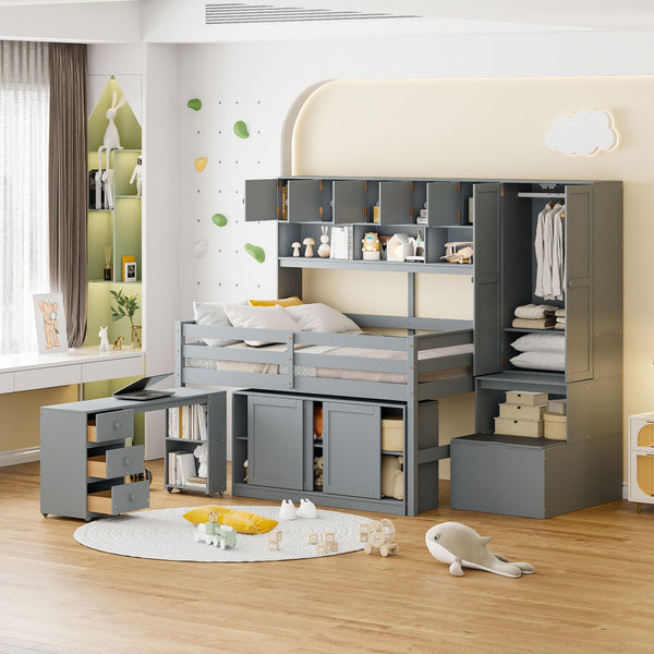 English Elm Full Size Gray Loft Bed with Rolling Desk Wardrobe Staircase and Headboard Shelving LT000852AAE