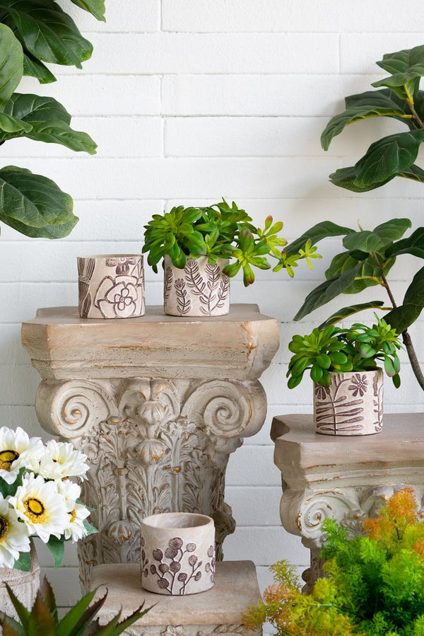 English Elm Set of 4 Earthy Gray Sand & Cement Planters with Brown Botanical Motifs, Modern Succulent Display W2078P334762