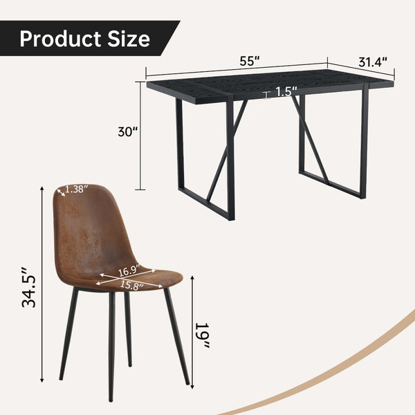 English Elm Table and Chair Set Retro Industrial 55 Inch Rectangular Black Textured Top Brown Seats W1151S04383