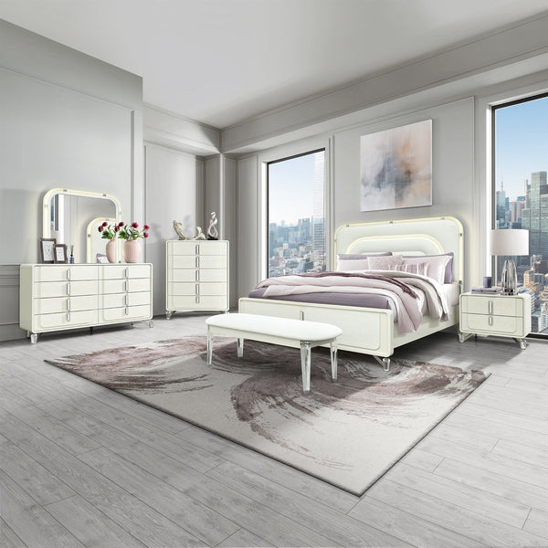 English Elm Nora Solid Wood King Bed with LED Headboard, Contemporary Geometric Legs and Rounded Edges Beige 88.5 L x 10.08 W x 3.15 H B201S00444