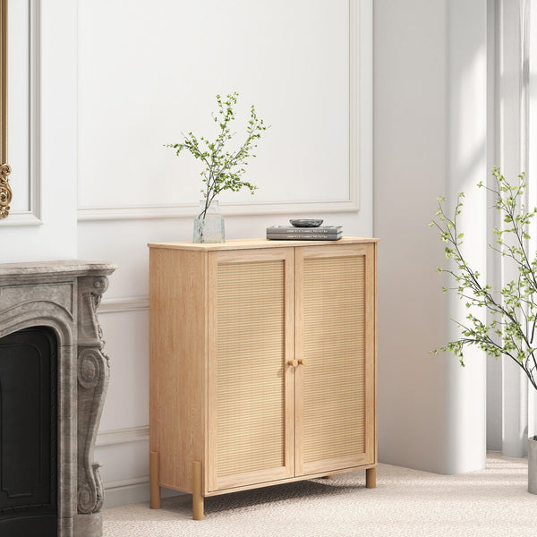 English Elm Mid-Century Woven Rattan Door Storage Cabinet with Adjustable Shelves and Solid Wood Legs, Stylish and Functional Natural 35.4 L x 18.5 W x 6.3 H W3151P288911