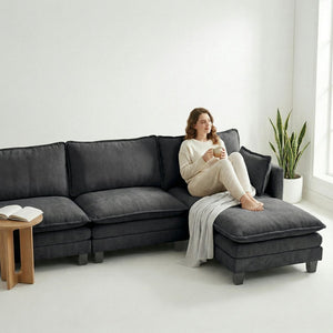 English Elm Modern Chenille Three Seat Sofa with Ottoman Usb Charging Ports and Storage Pockets Black W2519S00002