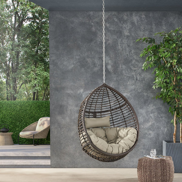 English Elm Christopher Knight Home® - MORRIS Teardrop Hanging Chair with 8ft Chain — Durable Woven Rattan, Water‑Resistant Cushions, Cozy Lounge Khaki+Brown 70773.00KHAKMULBRN