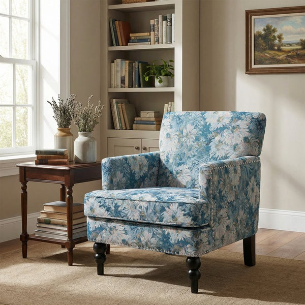 English Elm Harrison Tufted Club Chair Smooth Upholstered Accent Seat with Turned Legs for Living Room Blue+Multi N767P425084O