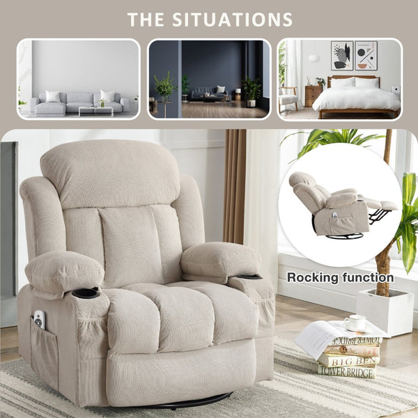 English Elm Swinging Velvet Recliner Chair with Massage Heat Usb Port and 360 Swivel Lounge Seat Beige W1807P298192
