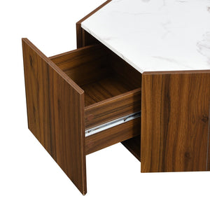 English Elm Christopher Knight Home® - Hexagonal Rustic Retro Wood Coffee Table with 2 Hidden Drawers, Textured Marble Tops, Oak Finish White+Walnut N770P309823W