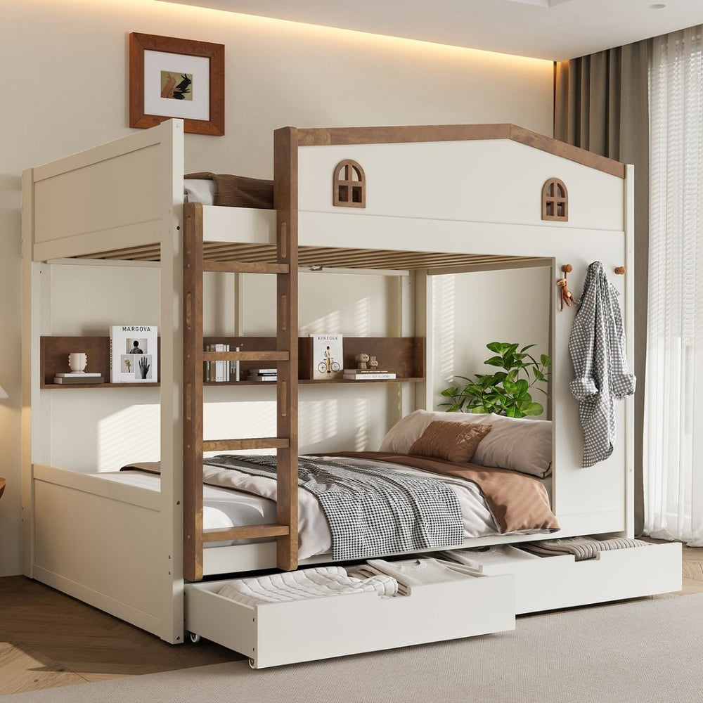 English Elm Twin Xl Solid Pine Loft Bed with Built-in Led Lighting and Storage Shelves W1580S00390