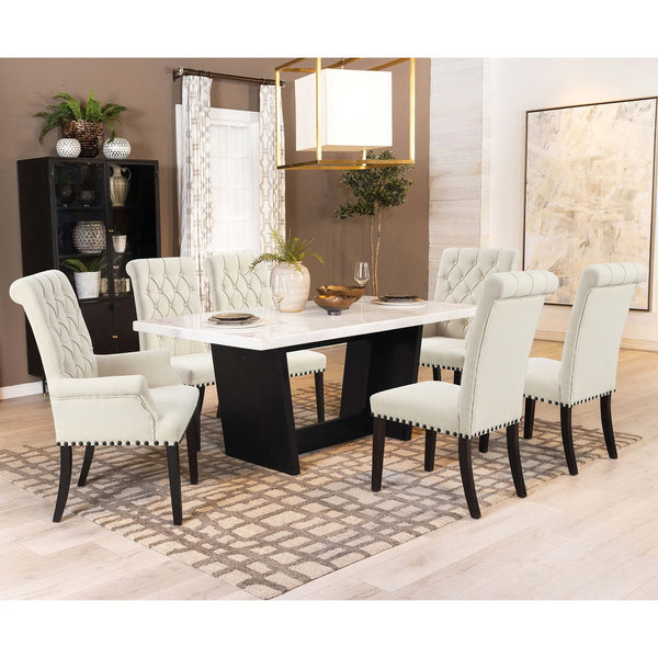 English Elm Maroney Rustic Espresso Oak Base with White Marble Top Dining Table, Sleek Retro Silhouette, 72" L B062P375505