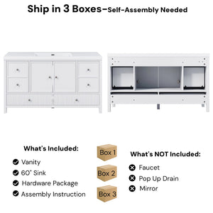 English Elm 60" Freestanding Bathroom Vanity Fluted Fronts Soft Close Drawers Drop-in Sink White N817P404100W