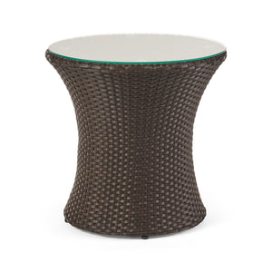 English Elm Christopher Knight Home® - KONO Woven Outdoor 3-Piece Patio Chat Set with Aluminum Frame, Tempered Glass Table, Cushions Brown+Beige 53142.00ALUBRN