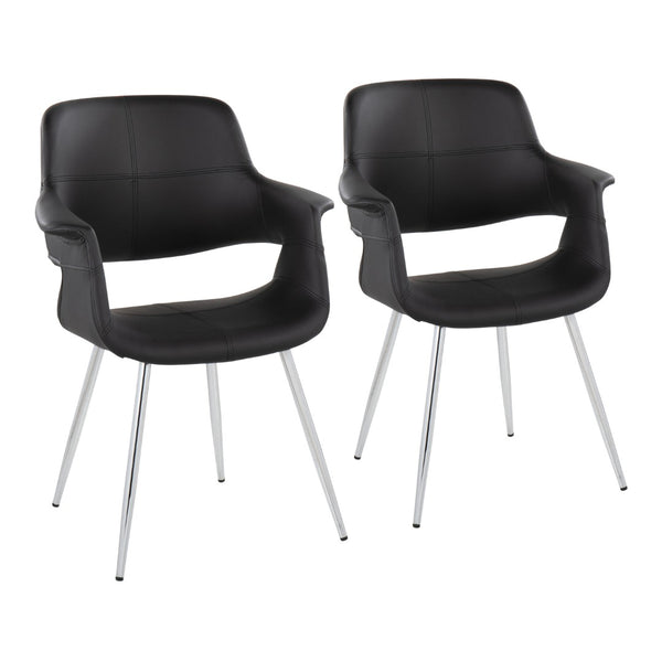English Elm Vintage Glamour Art Deco Chair Set Of 2 In Chrome Metal & Black Faux Leather For Chic Interiors B202P223669-GIGA