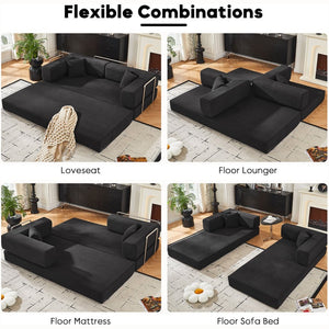 English Elm Convertible Corduroy Floor Sofa with Folding Sleeper and Bolster Pillow for Apartments Black W5638P460678