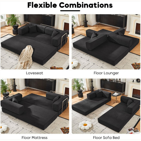 English Elm Convertible Corduroy Floor Sofa with Folding Sleeper and Bolster Pillow for Apartments Black W5638P460678