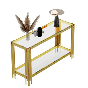 English Elm Top Double Layer Console Table With Tempered Glass Shelves & Luxe Gold Stainless Steel Frame Design W1241S00395-GIGA
