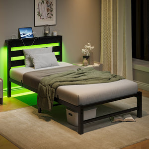 English Elm Twin LED Platform Bed Frame with Headboard, USB Charging, RGB Lights, Under-Bed Storage, Noise-Free Black W840P209905