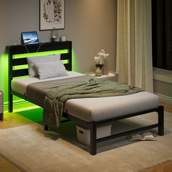 English Elm Twin LED Platform Bed Frame with Headboard, USB Charging, RGB Lights, Under-Bed Storage, Noise-Free Black W840P209905